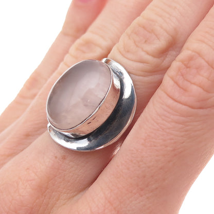 925 Sterling Silver Vintage Real Rose Quartz Om Mantra Adjustable Ring Size 8.5