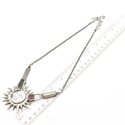 950 Silver Vintage Peru Rock Crystal Pearl & Multi-Tourmaline Sun Necklace 20"