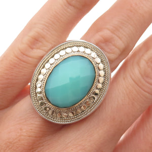 Anna Beck 925 Sterling Silver 2-Tone Vintage Real Turquoise Dotted Ring Size 6