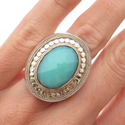 Anna Beck 925 Sterling Silver 2-Tone Vintage Real Turquoise Dotted Ring Size 6