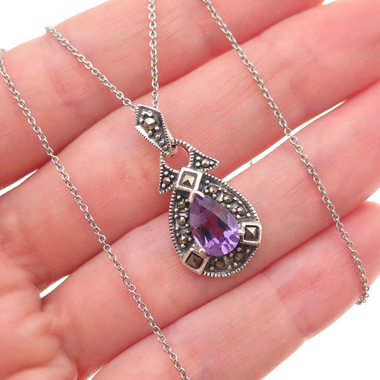 925 Sterling Silver Vintage Real Amethyst & Marcasite Cable Chain Necklace 18"