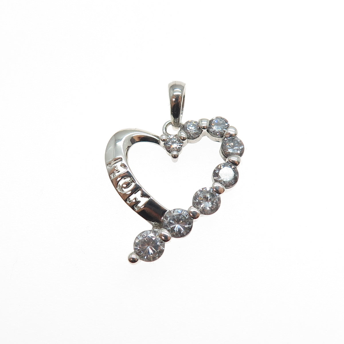925 Sterling Silver Graduated Round-Cut C Z Mom Heart Mini Charm Pendant
