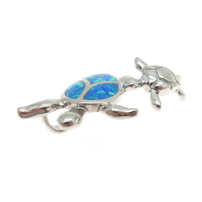 925 Sterling Silver Real Doublet Opal Gem Inlay Couple of Turtles Slide Pendant