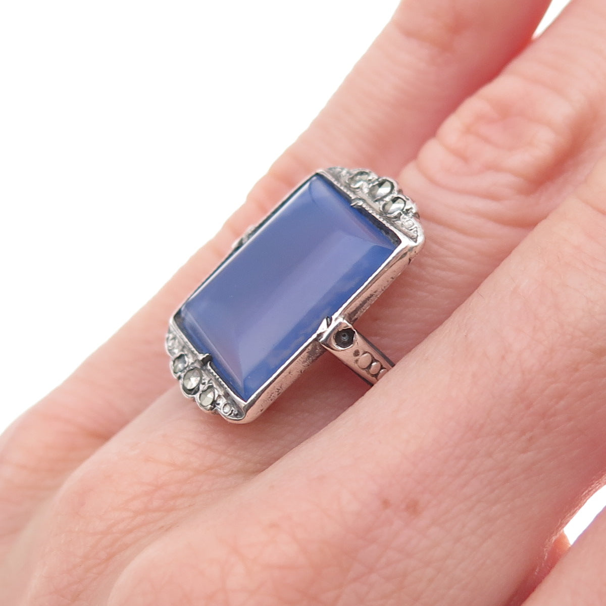 925 Sterling Antique Real Chalcedony & Marcasite Ring Size 5.75 (missing stone)