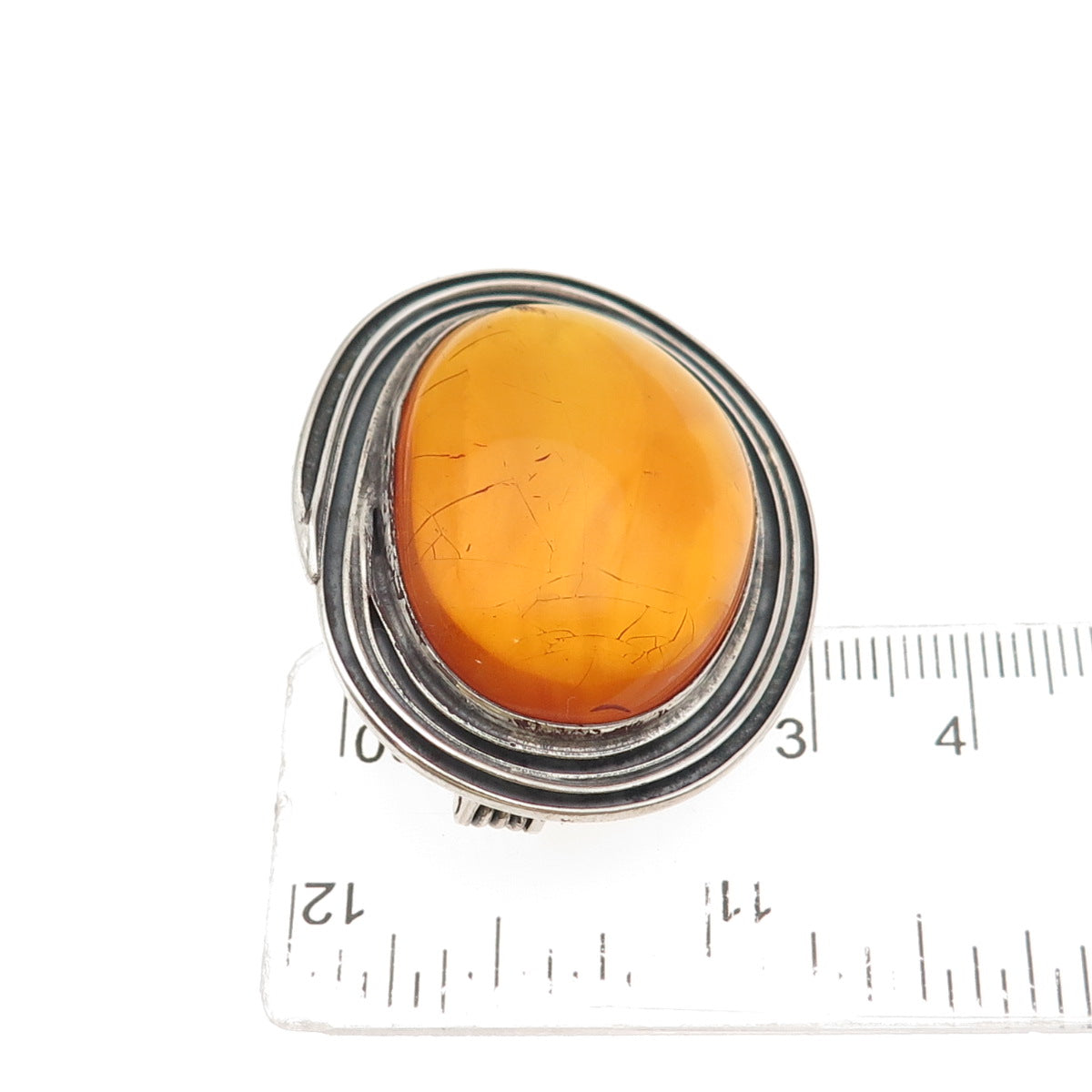 835 Silver Vintage Czechia Real Amber Modernist Oxidized Pin Brooch