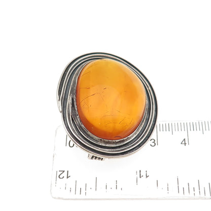 835 Silver Vintage Czechia Real Amber Modernist Oxidized Pin Brooch