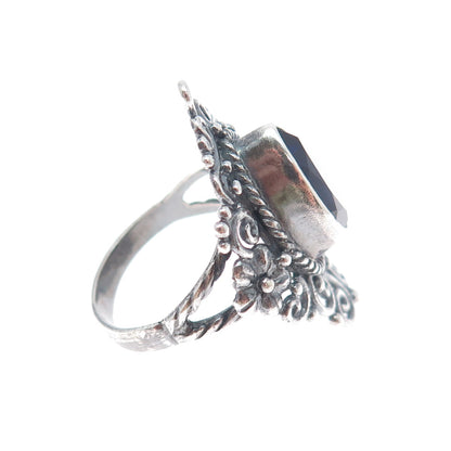 925 Sterling Silver Vintage Lab-Created Sapphire Flower Oxidized Ring Size 8.25