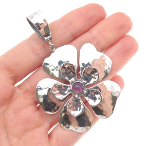 AIL Aluma 925 Sterling Silver Vintage Real Amethyst Flower Hammered Pendant