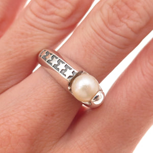 925 Sterling Silver Vintage Real Pearl Star Modernist Oxidized Ring Size 8.5