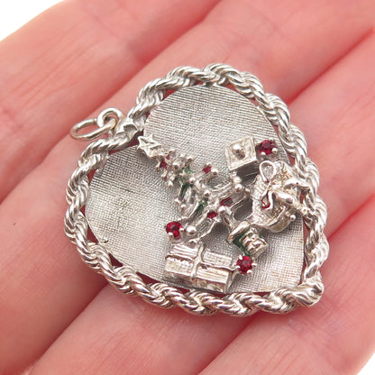 925 Sterling Silver Vintage Rhinestone Christmas Tree Heart Charm Pendant
