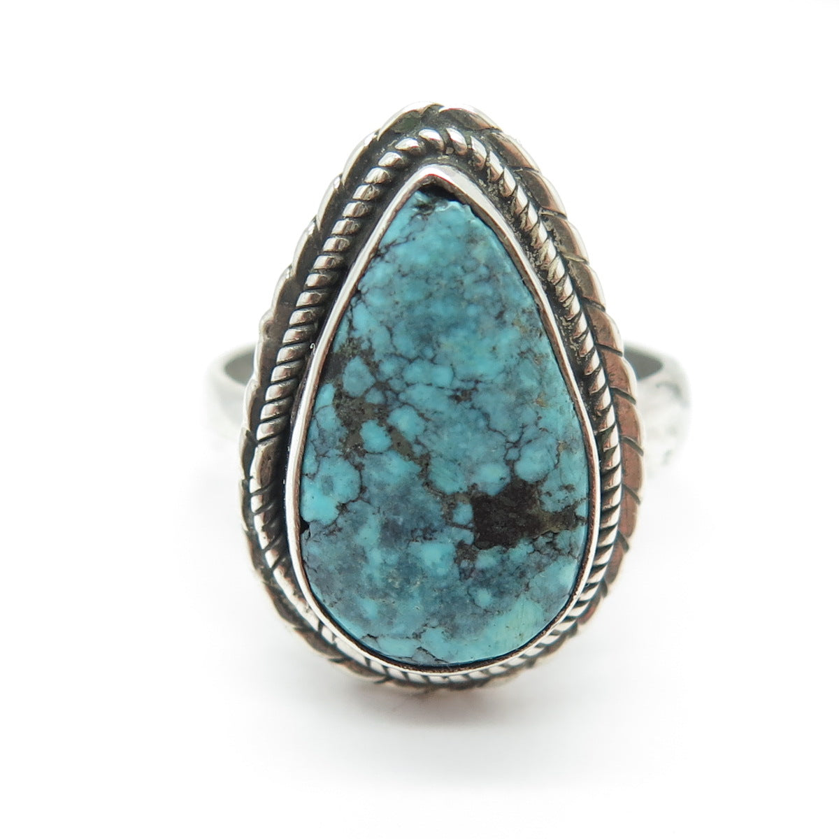 925 Sterling Silver Vintage Real Peacock Turquoise Southwestern Ring Size 7.5