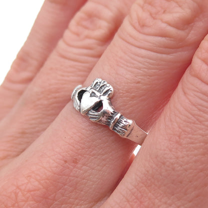 925 Sterling Silver Vintage Irish Claddagh Oxidized Ring Size 9