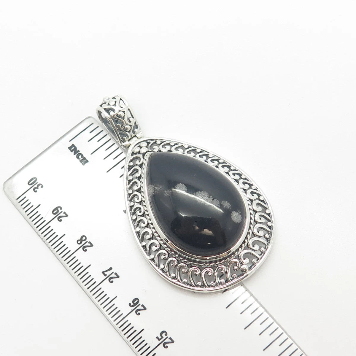 925 Sterling Silver Vintage Real Snowflake Obsidian Gem Teardrop Pendant