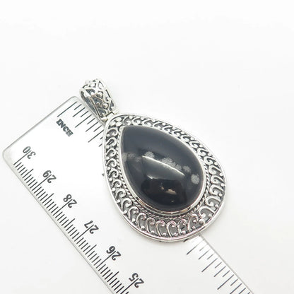 925 Sterling Silver Vintage Real Snowflake Obsidian Gem Teardrop Pendant