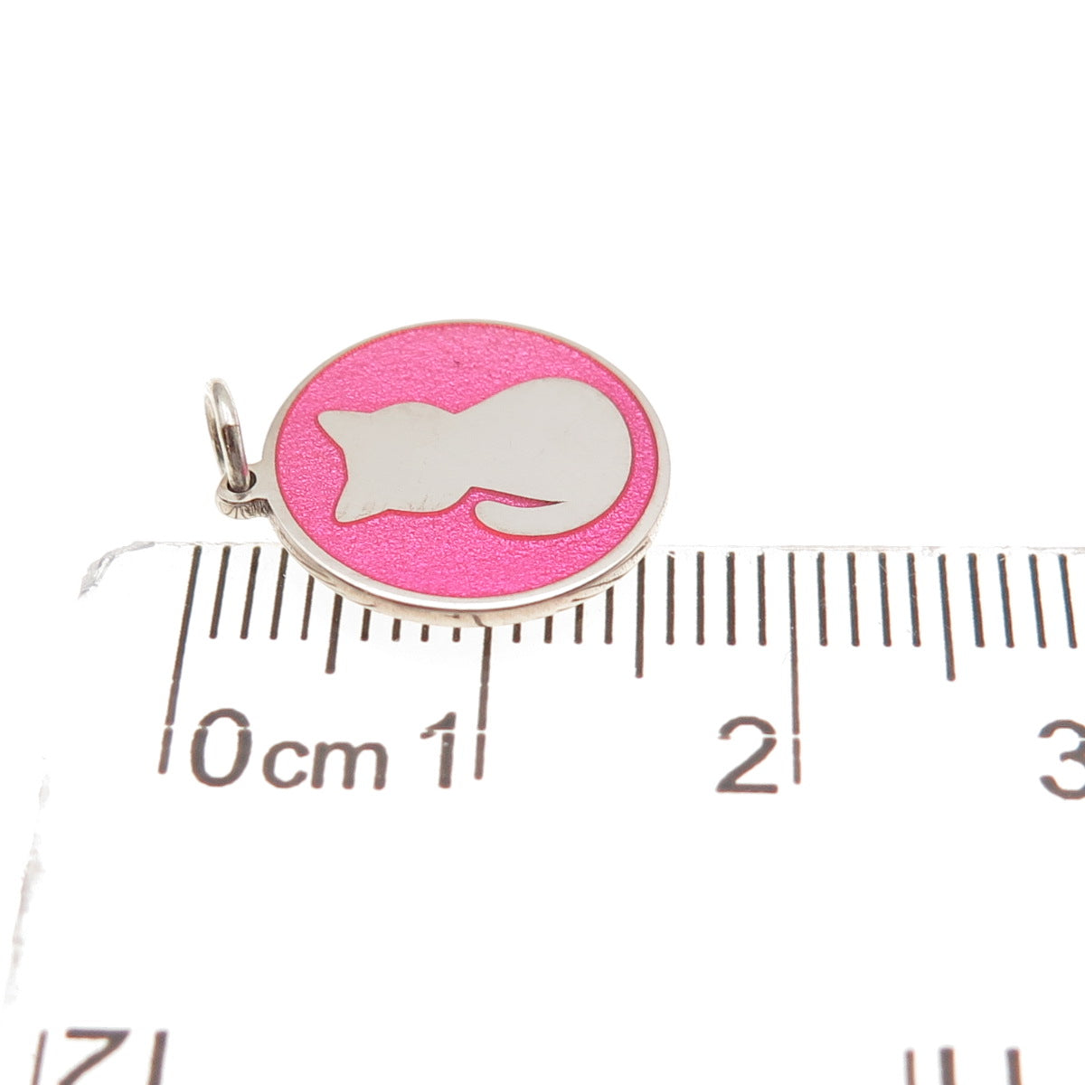 925 Sterling Silver Pink Enamel Cat Round Tag Mini Charm Pendant