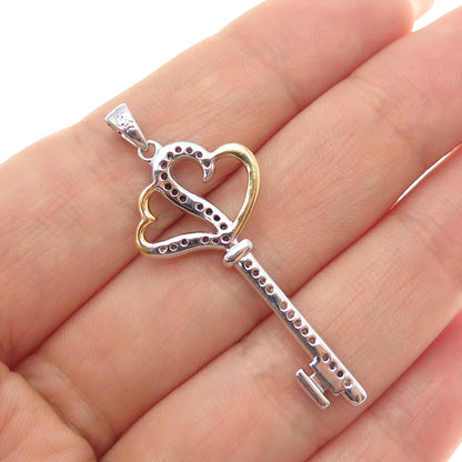 925 Sterling Silver 2-Tone Real Round-Cut Diamond Couple Heart Key Charm Pendant