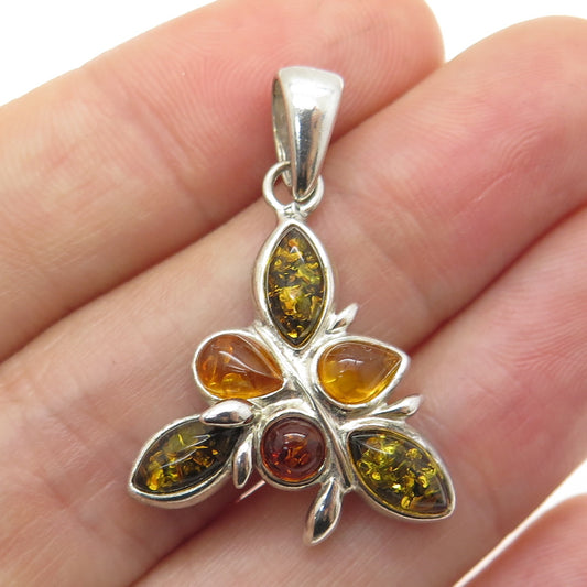 925 Sterling Silver Vintage Real Multi-Color Baltic Amber Pendant