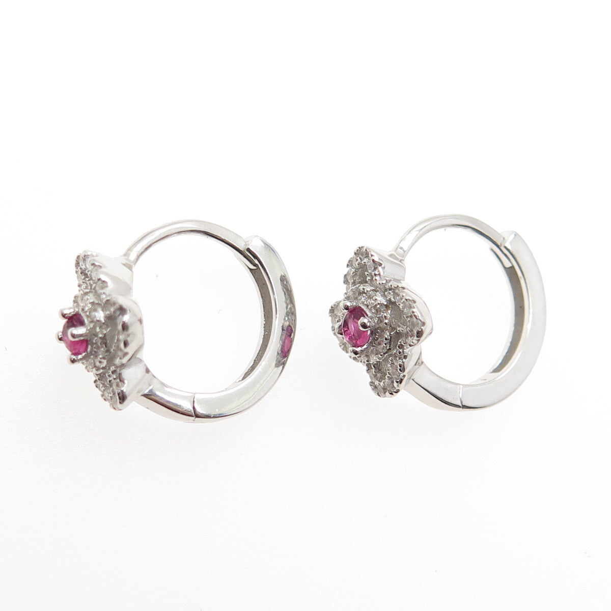 925 Sterling Silver Pink & White Round-Cut Shaped C Z Cross Hoop Earrings