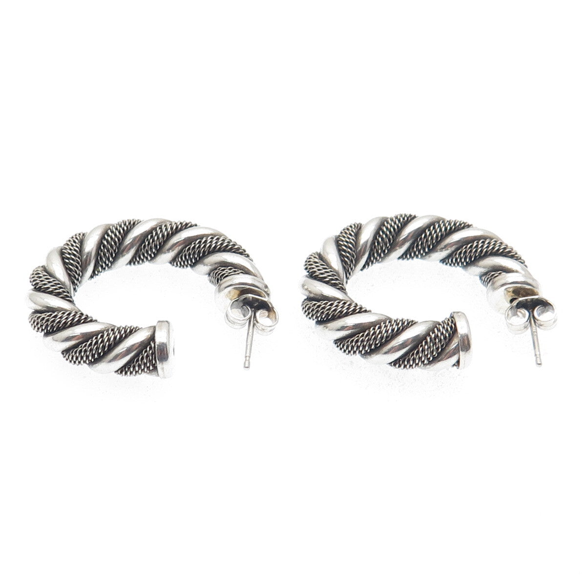 925 Sterling Silver Vintage Twisted Mesh Hoop Oxidized Earrings