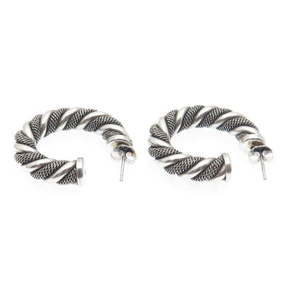 925 Sterling Silver Vintage Twisted Mesh Hoop Oxidized Earrings