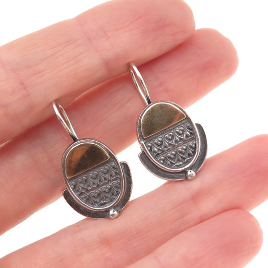 925 Sterling Silver 2-Tone Vintage Modernist Heart Ornate Oxidized Earrings