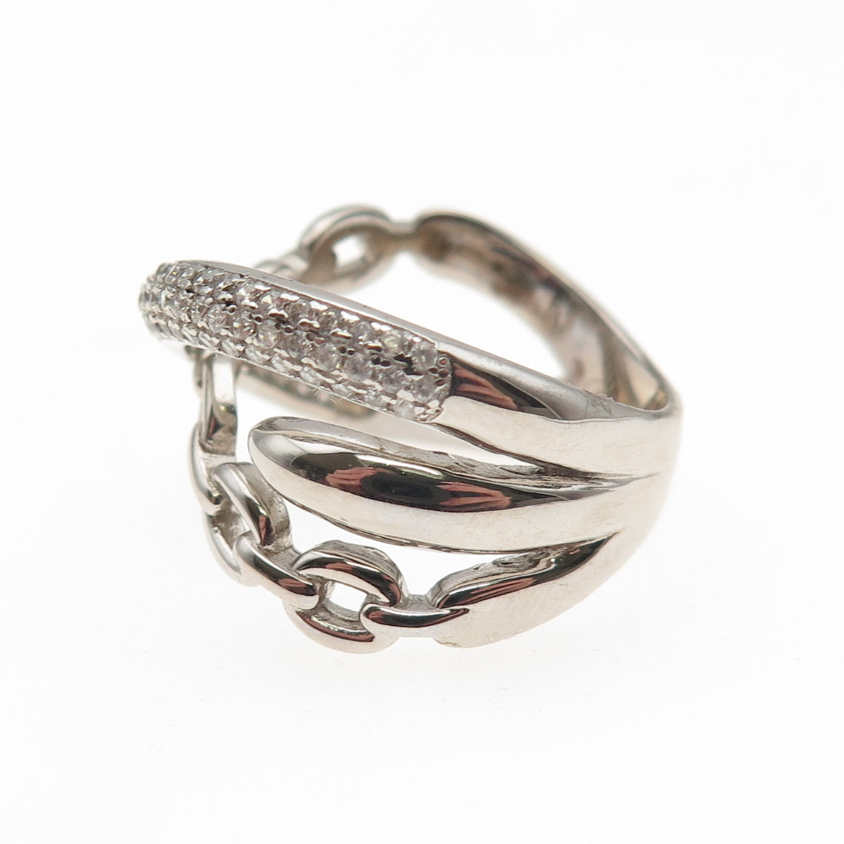 925 Sterling Silver Round-Cut C Z Multi-Link Crossover Ring Size 8.25