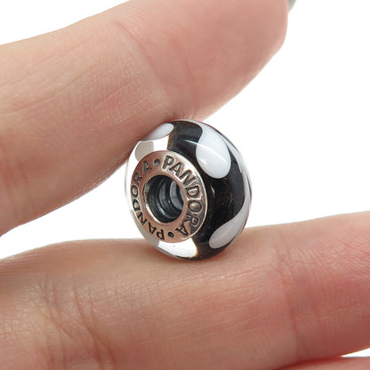 PANDORA 925 Sterling Silver Murano Glass White & Black Branches Bead Charm