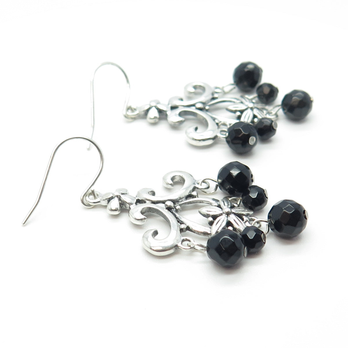 925 Sterling Silver Vintage Real Black Onyx Gemstone Ornate Dangling Earrings