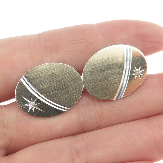 925 Sterling Silver & 14K Gold Vintage Real Diamond Star Oval Cufflinks