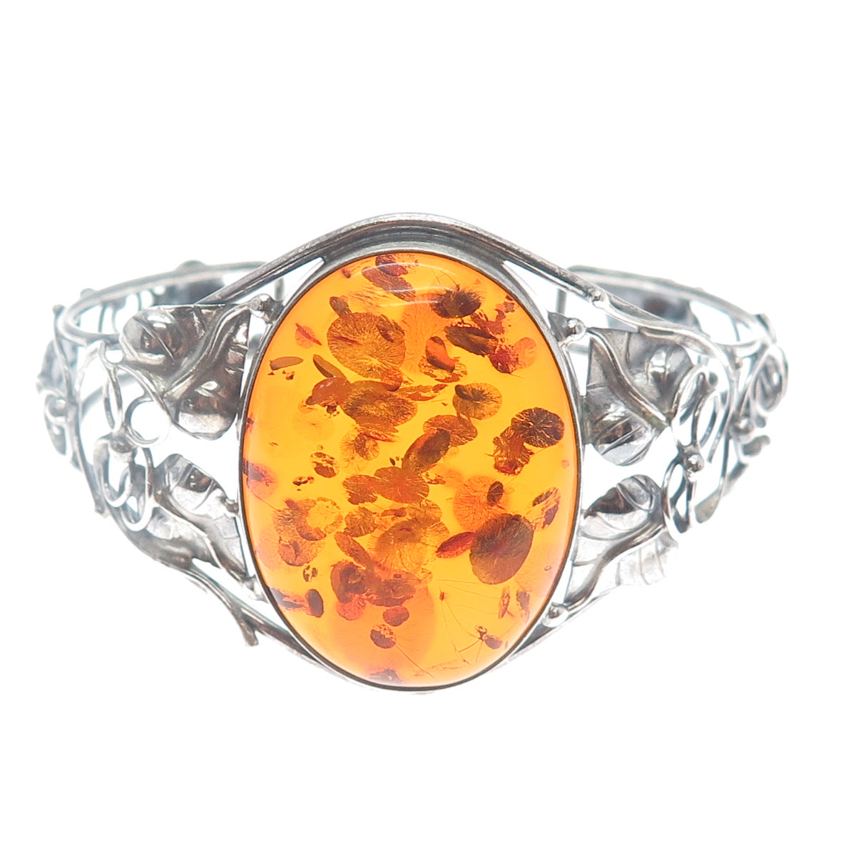 925 Sterling Silver Vintage Real Amber Floral Adjustable Oxidized Bracelet 7"