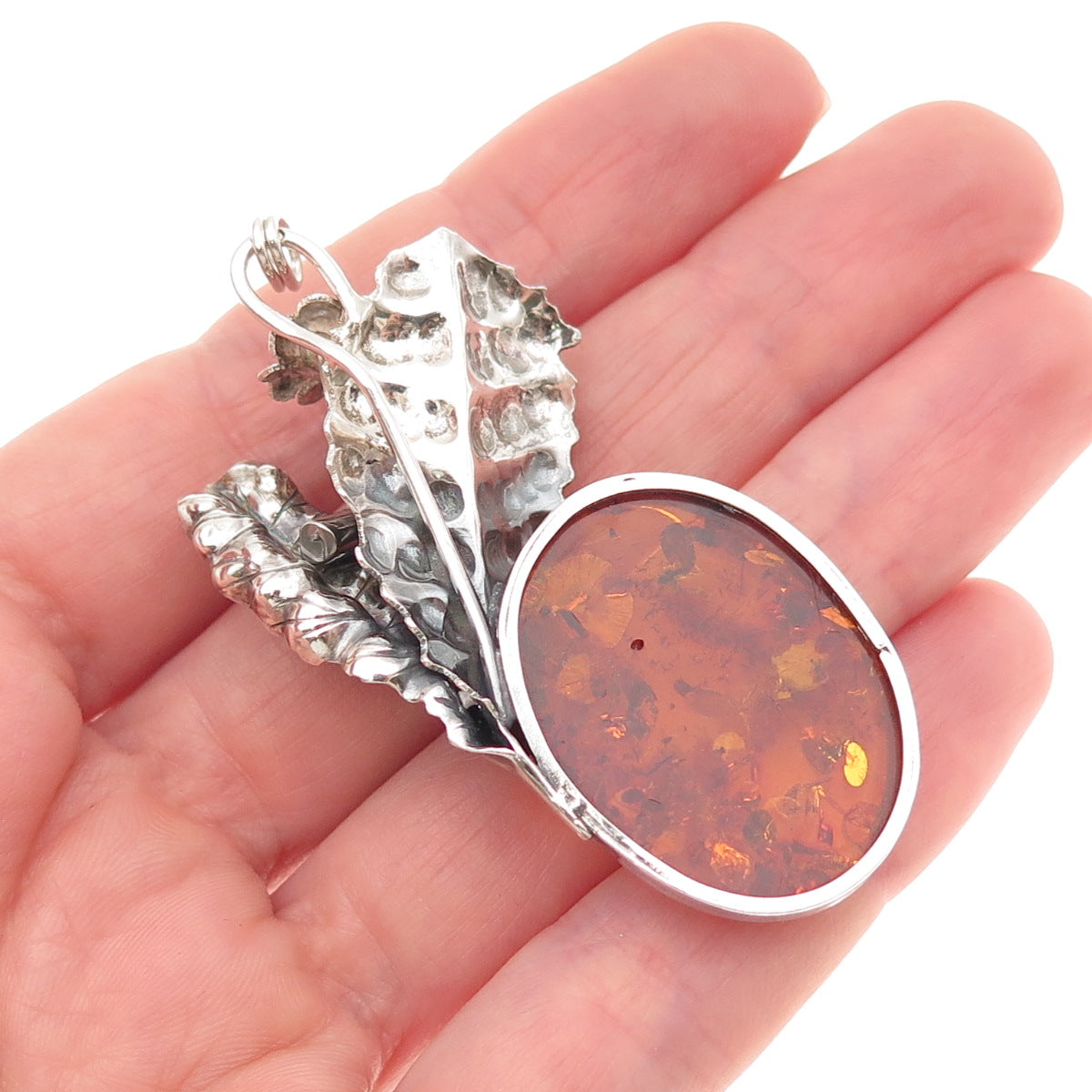 925 Sterling Silver Vintage Real Amber Modernist Floral Oxidized Slide Pendant