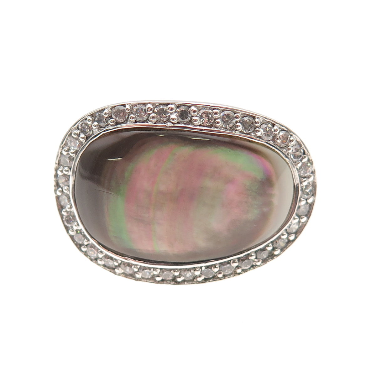 925 Sterling Silver Real Abalone Shell & C Z Ring Size 7.25