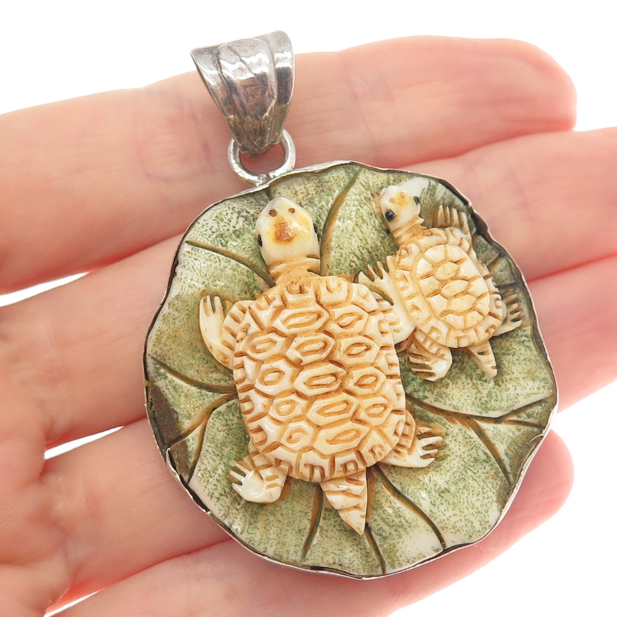 925 Sterling Silver Vintage Carved Mom & Child Turtle Modernist Oxidized Pendant