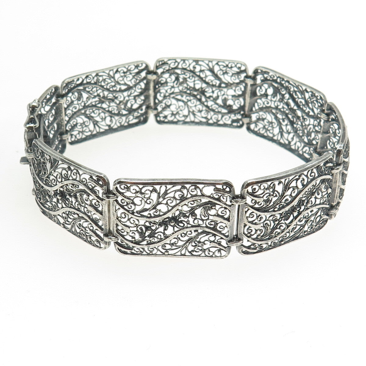 GUSTAV HAUBER 835 Silver Vintage Germany Filigree Panel Oxidized Bracelet 7.75"