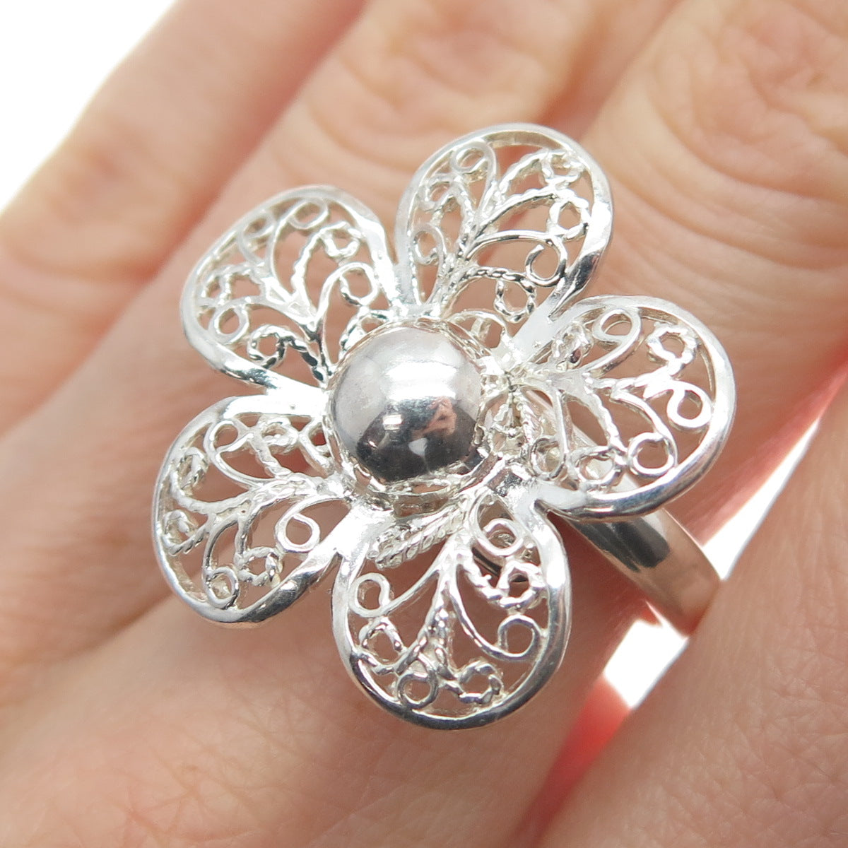 RIDER 950 Silver Vintage Flower Blossom Filigree Adjustable Ring Size 6.75
