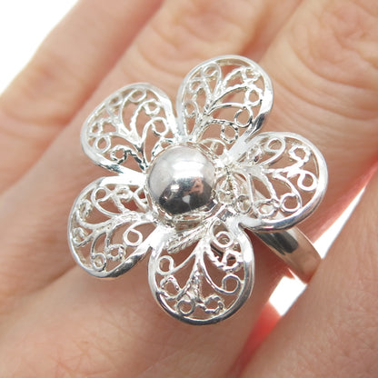 RIDER 950 Silver Vintage Flower Blossom Filigree Adjustable Ring Size 6.75