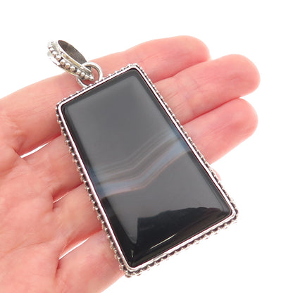 925 Sterling Silver Vintage Real Agate Large 46.1g Pendant