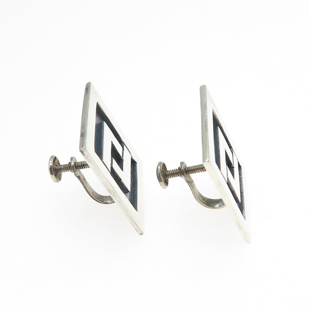 925 Sterling Silver Vintage Mexico Aztec Key Oxidized Screw Back Earrings