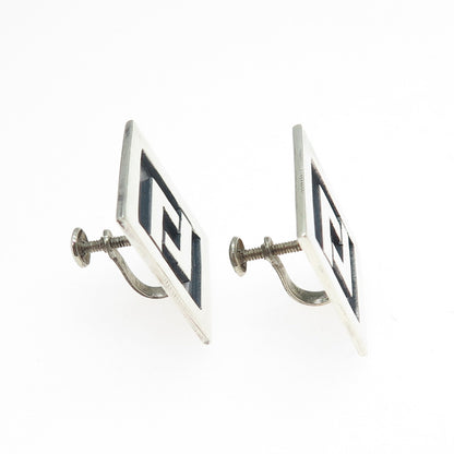 925 Sterling Silver Vintage Mexico Aztec Key Oxidized Screw Back Earrings