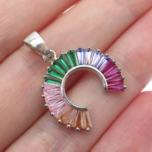 925 Sterling Silver Multi-Color Tapered Baguette-Cut C Z Rainbow Charm Pendant