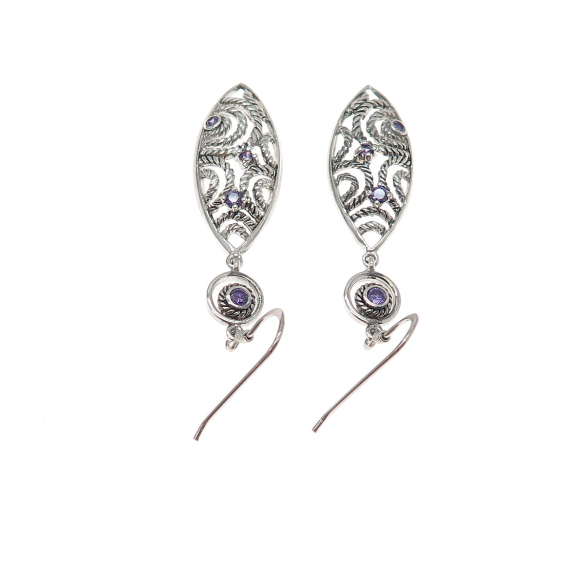 925 Sterling Silver Vintage Real Amethyst Ornate Oxidized Dangle Earrings