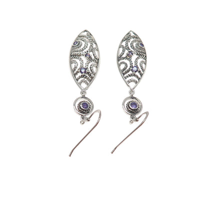 925 Sterling Silver Vintage Real Amethyst Ornate Oxidized Dangle Earrings
