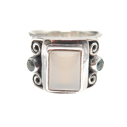 Sajen Sterling Silver Vintage Real Chalcedony & Aquamarine Oxidized Ring Size 8