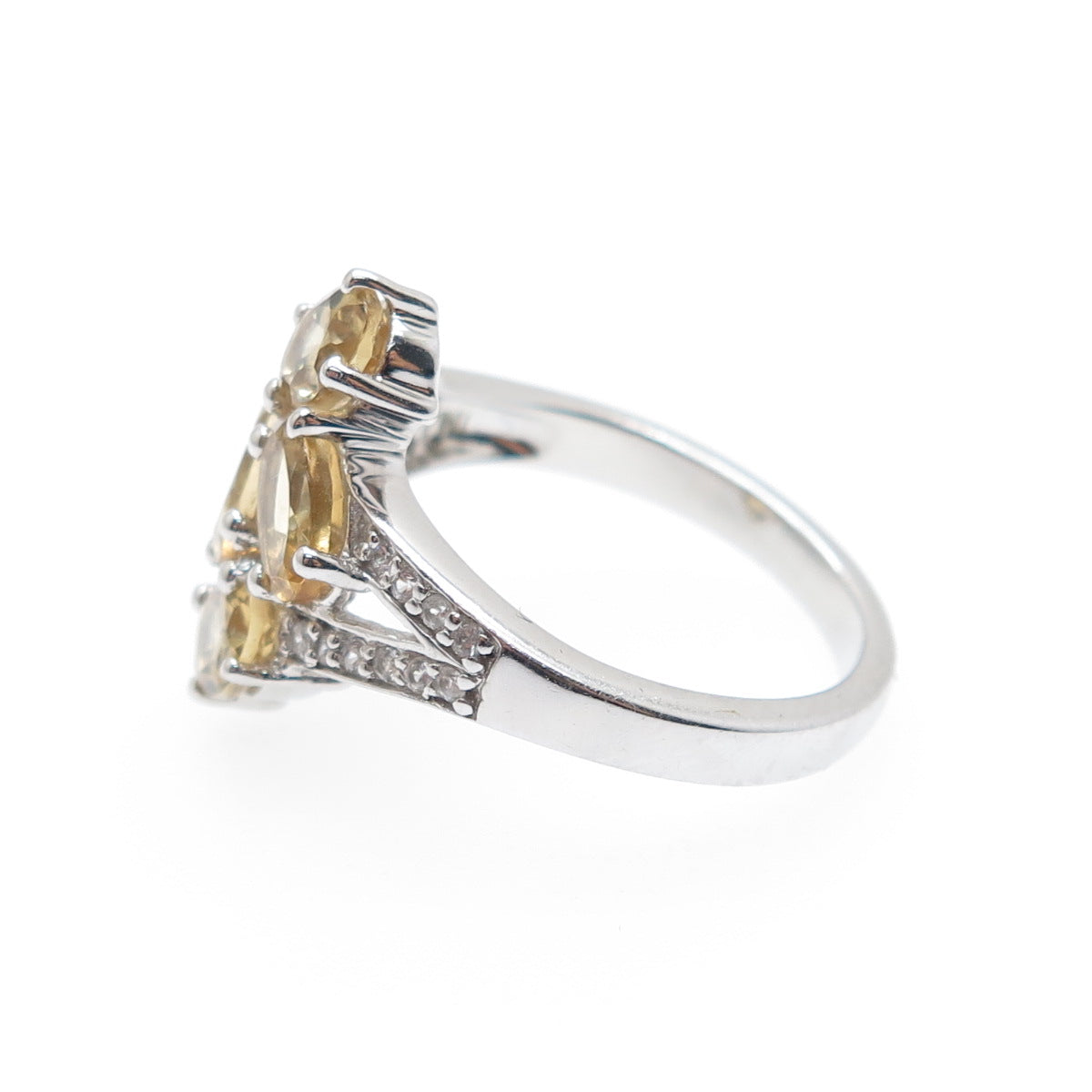 925 Sterling Silver Real Oval-Cut Citrine & White Topaz Bypass Ring Size 6.25