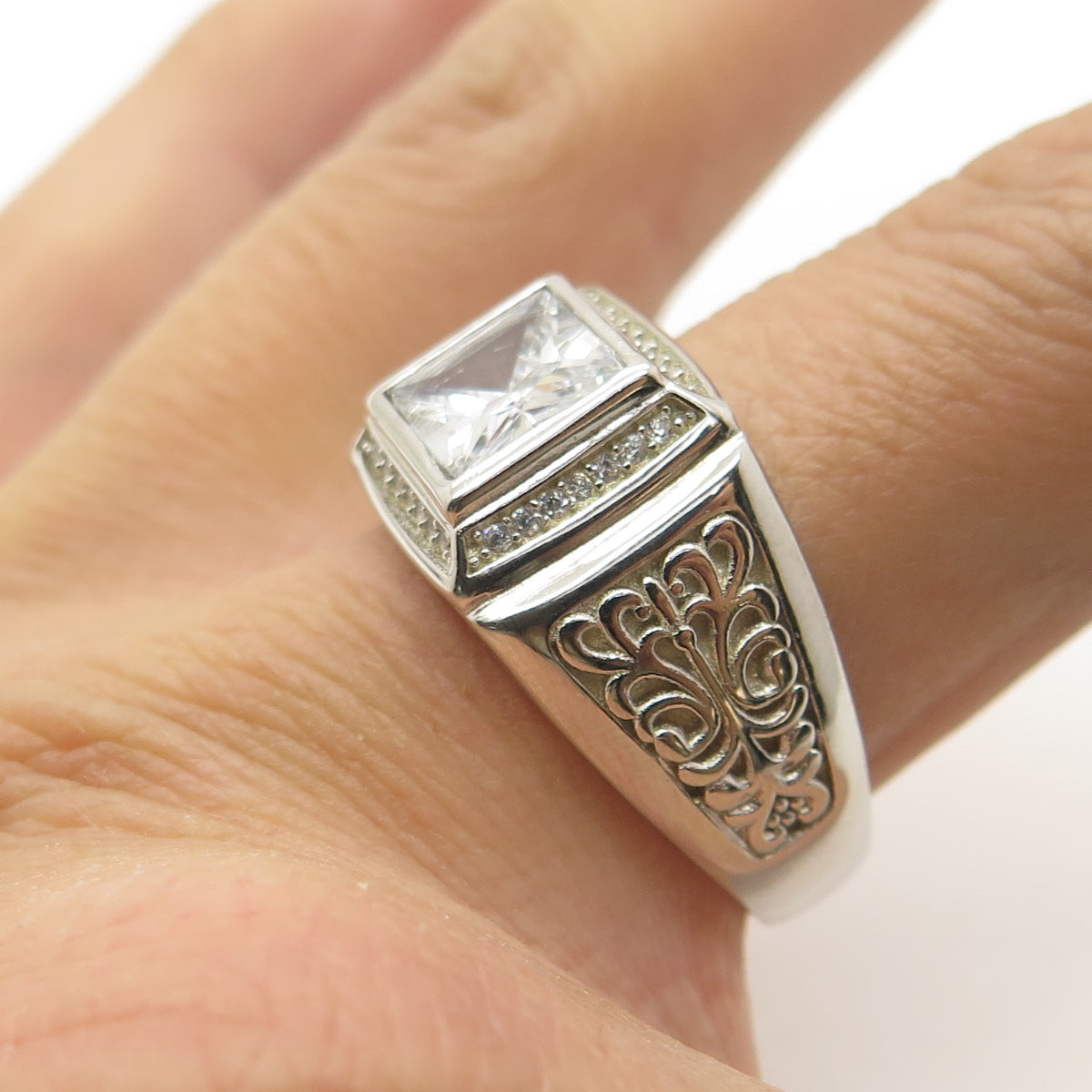 925 Sterling Silver Princess-Cut Shaped C Z Ring Size 9.75