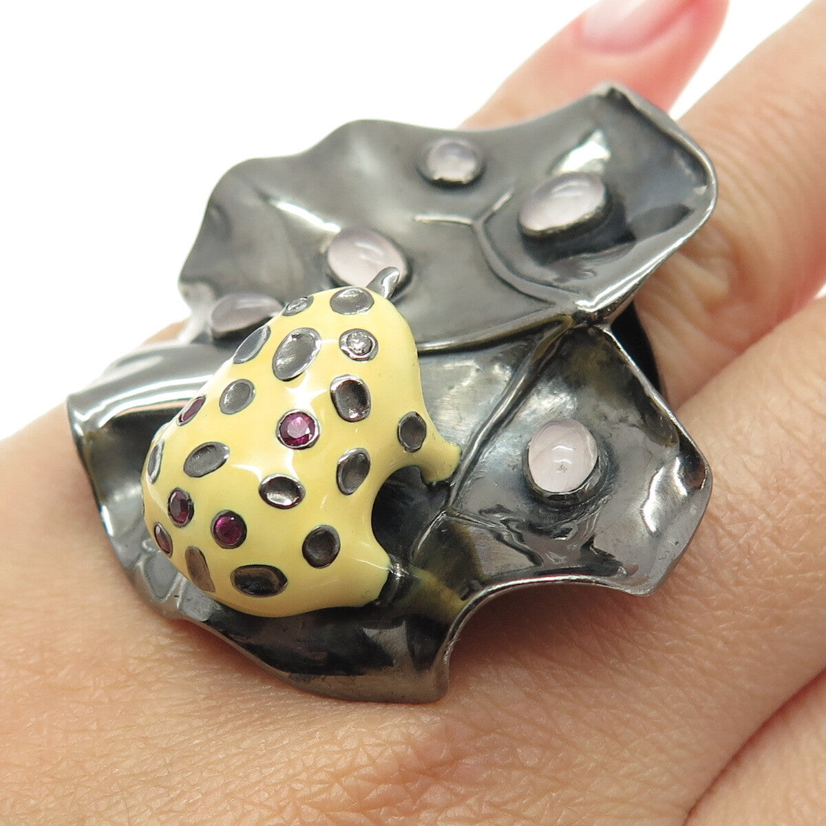 925 Sterling Vintage Black Rhodium Enamel Diamond Ruby Amethyst Frog Ring Size 7
