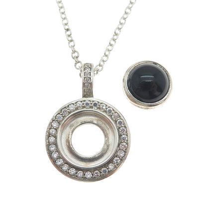 925 Sterling Silver Real Black Onyx & C Z Interchangeable Disc Necklace 16-18"