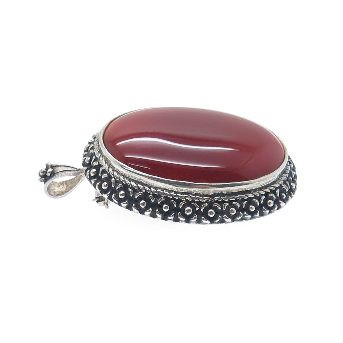H&T SOLOW 925 Sterling Silver Vintage Real Carnelian Flower Pin Brooch / Pendant