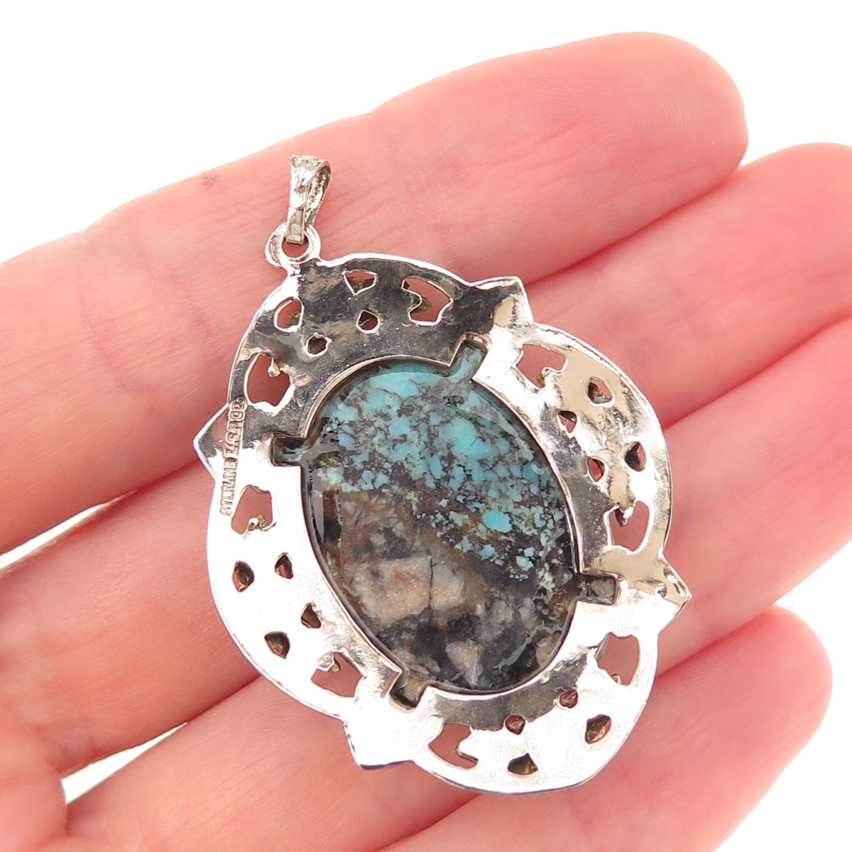 L.S. Peterson Co. 925 Sterling 10K Gold Antique Art Deco Real Turquoise Pendant