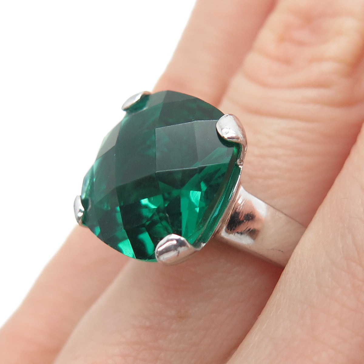 925 Sterling Silver Cushion-Cut Green C Z Modernist Ring Size 6.25